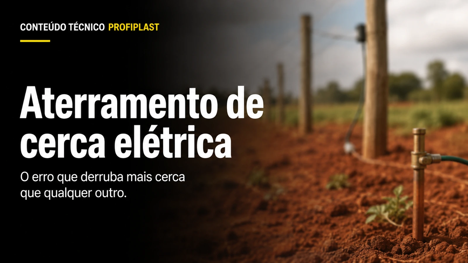 Capa gráfica com o título sobre aterramento de cerca elétrica, sobre fundo desfocado com postes e solo vermelho.