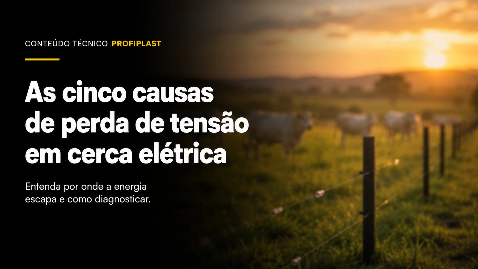 Capa gráfica com o título sobre perda de tensão em cerca elétrica, sobre fundo rural desfocado ao pôr do sol.